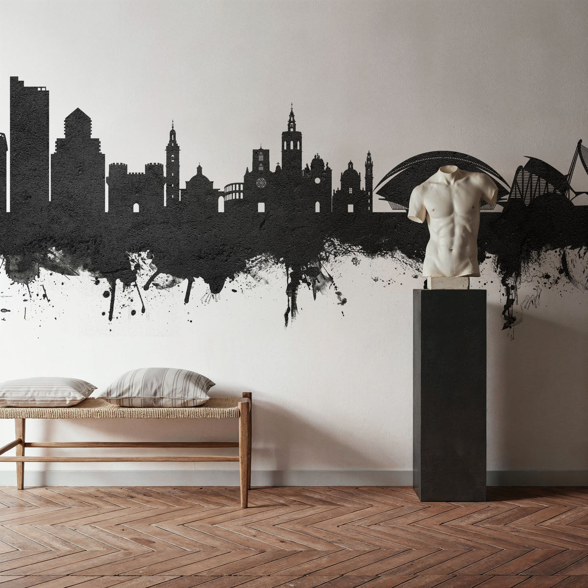 Valencia Spain Skyline Black & White Mural Wallpaper - room preview 02