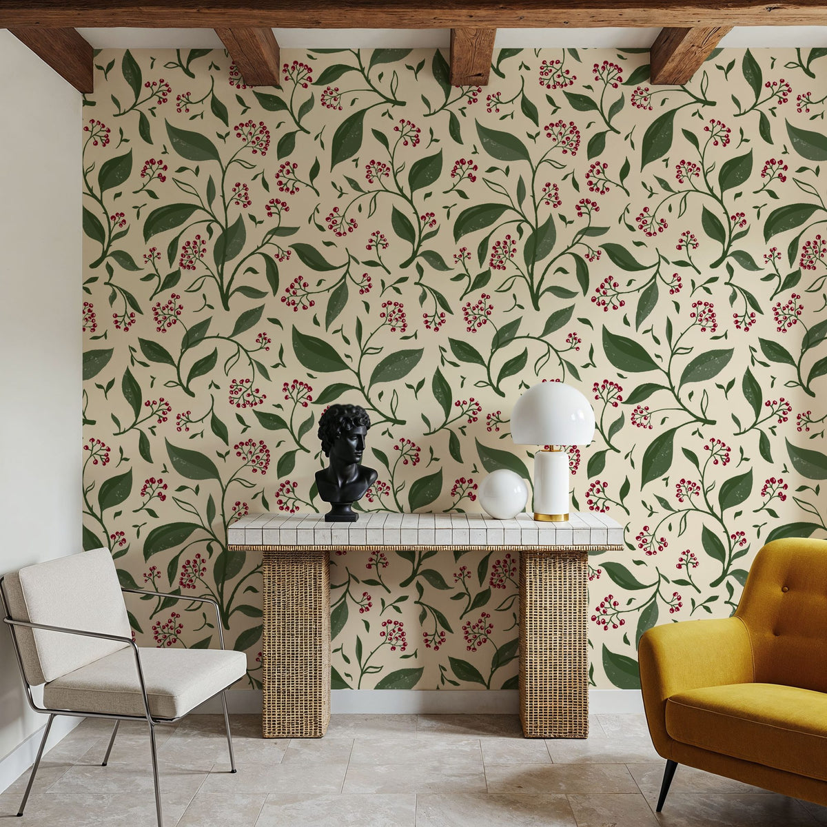 Winter Berries, Cream Mural Wallpaper - room preview 02