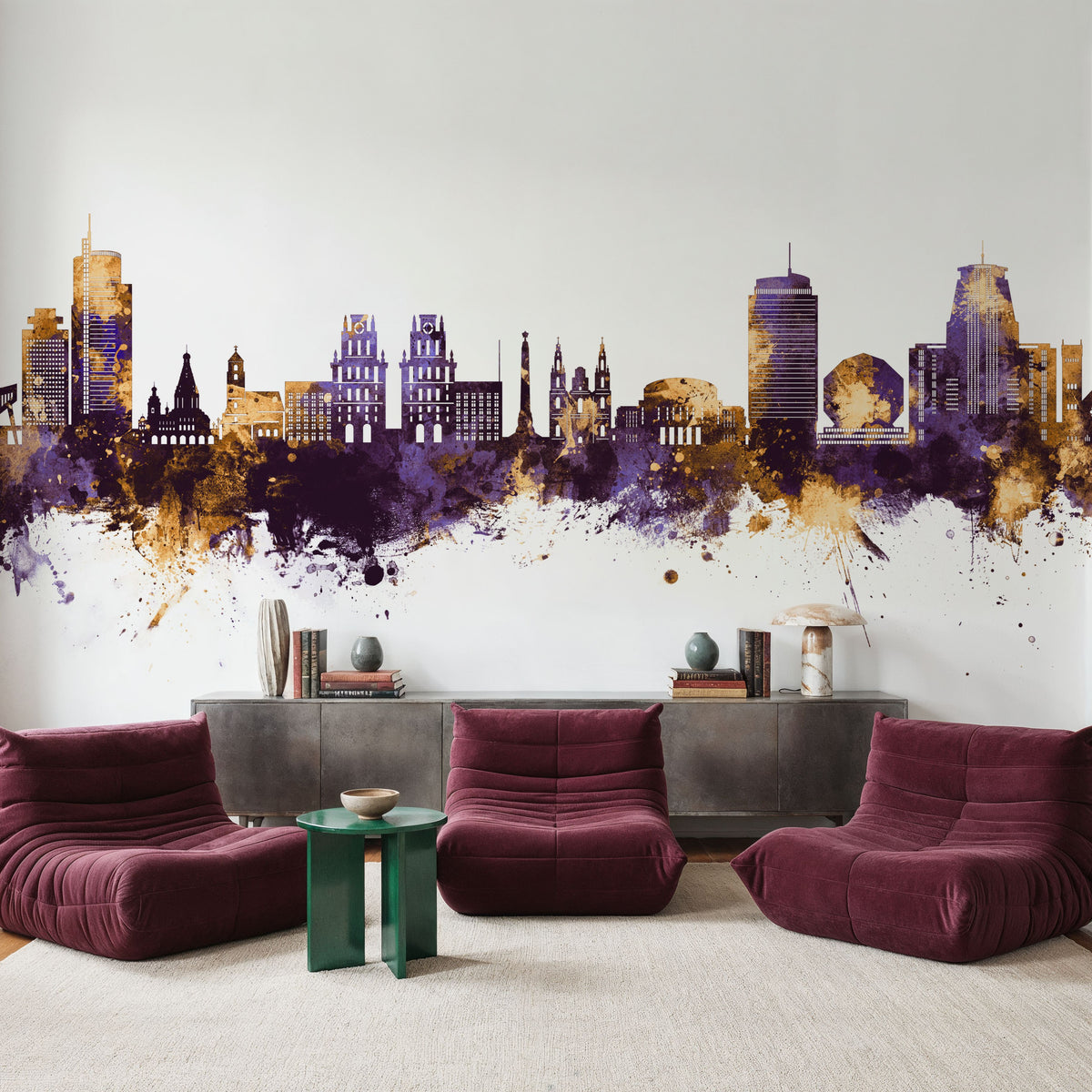 Minsk Belarus Skyline Purple & Gold Mural Wallpaper - room preview 02