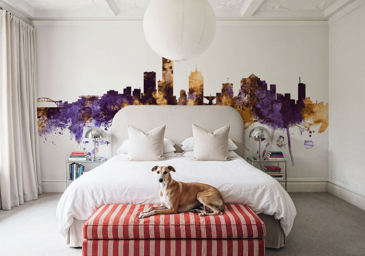 Milwaukee Wisconsin Skyline Purple & Gold Mural Wallpaper - room preview 02