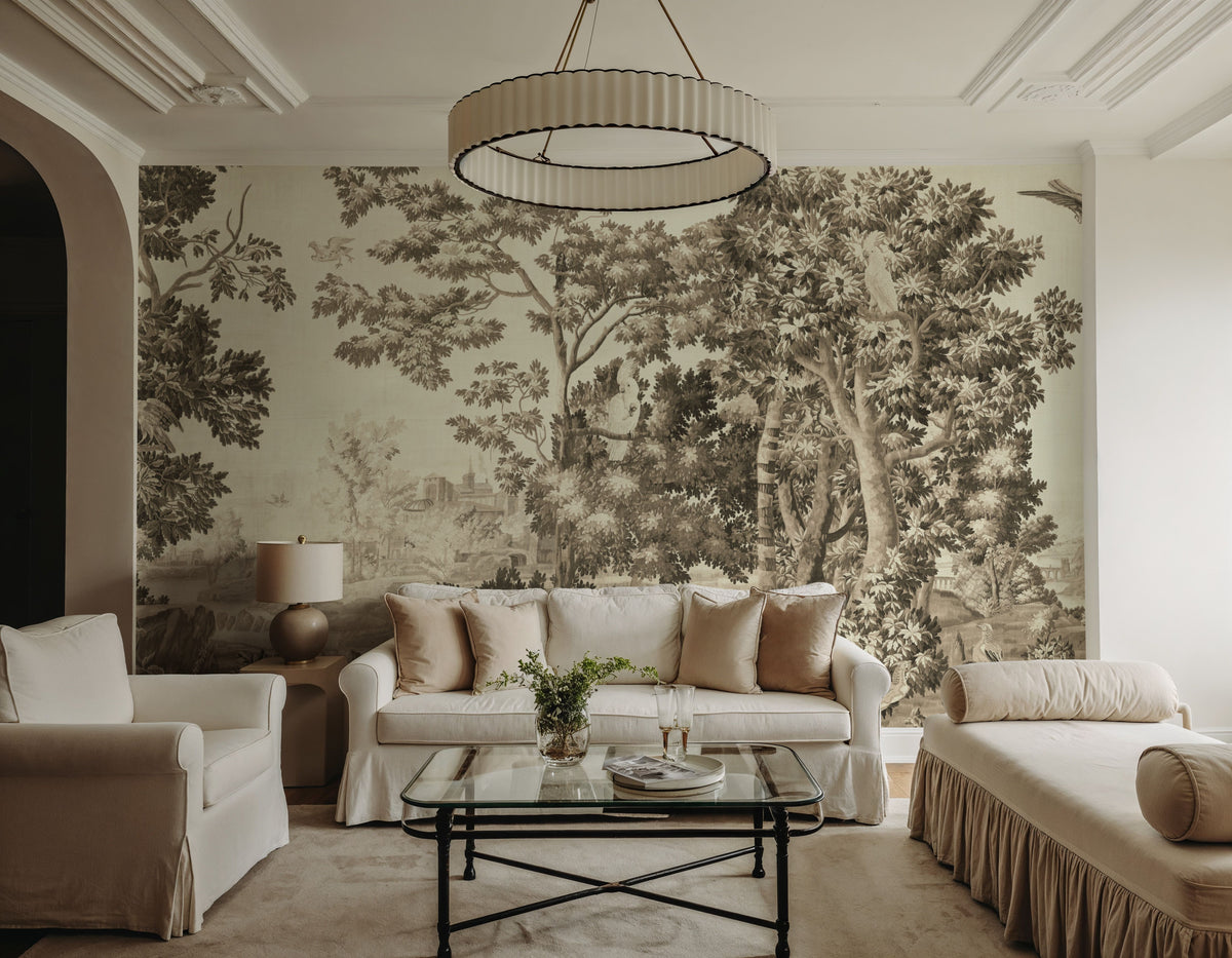 Enchanted Grove Tapestry, Beige Mural Wallpaper - room preview 02