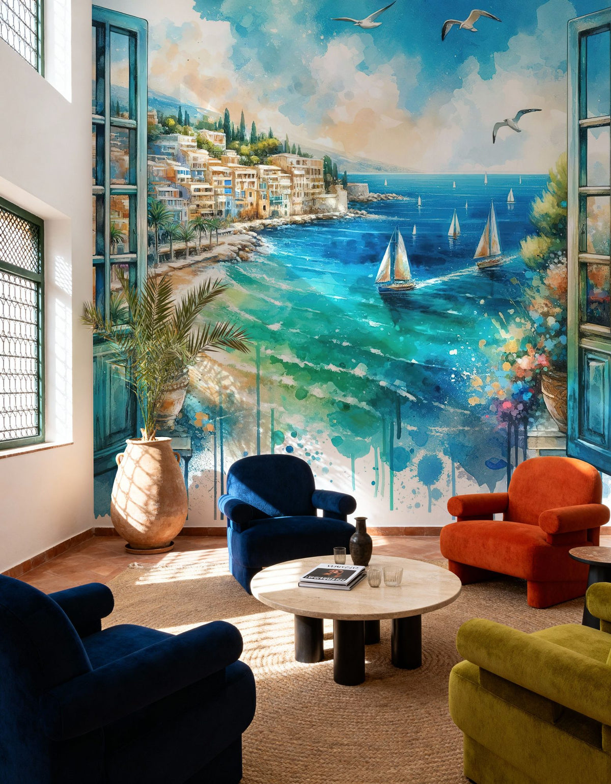 Mediterranean Coastline Through Open Window Mural Wallpaper - room preview 02