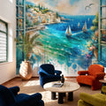 Mediterranean Coastline Through Open Window Mural Wallpaper - room preview 02