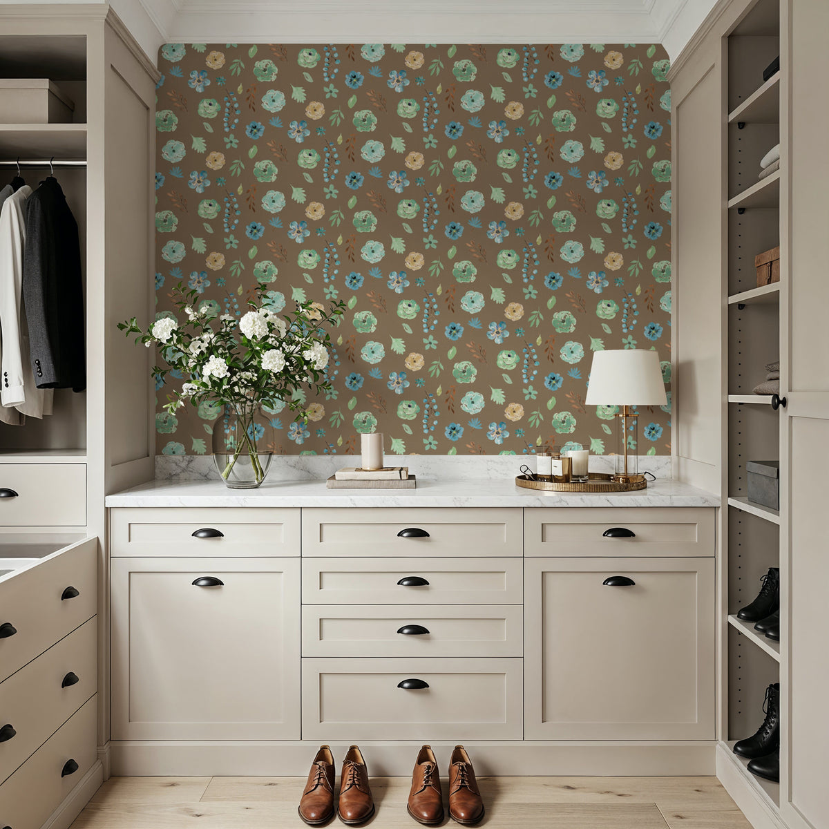 Flutterby Flowers Brown Mural Wallpaper - room preview 02