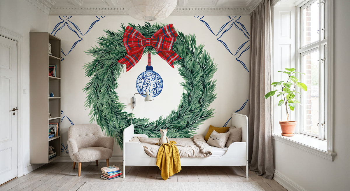 Holiday Tartan and Chinoiserie IV Mural Wallpaper - room preview 02