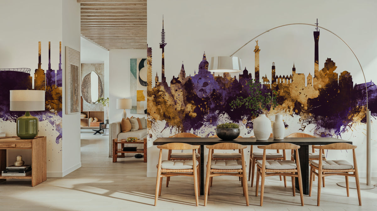 Hannover Germany Skyline Purple & Gold Mural Wallpaper - room preview 02