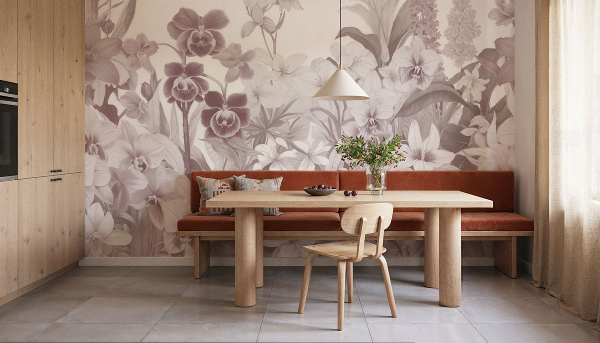 The Tenderness of Orchids, Rosy Salmon Mural Wallpaper - room preview 02