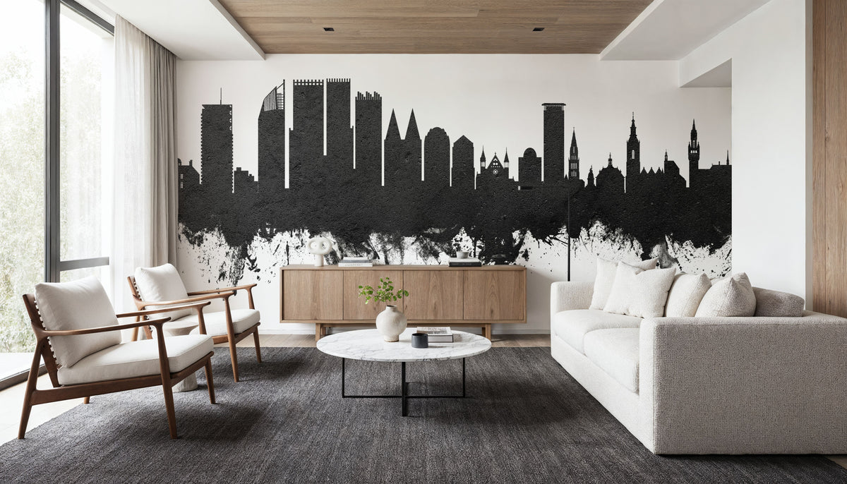 The Hauge Netherlands Skyline Black & White Mural Wallpaper - room preview 02