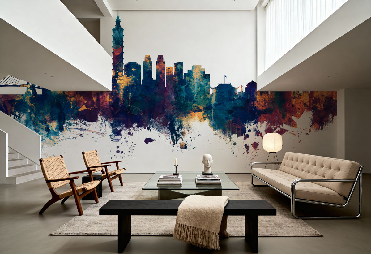Taipei Taiwan Skyline Blue & Bronze Mural Wallpaper - room preview 02
