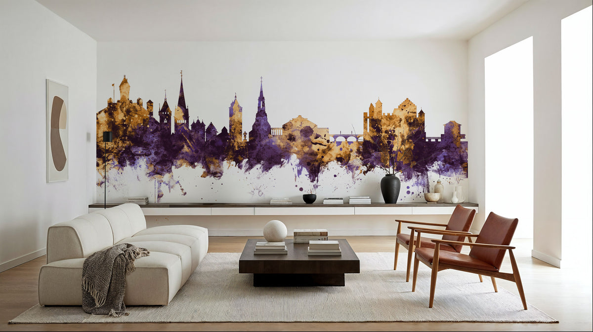 Schaffhausen Switzerland Skyline Purple & Gold Mural Wallpaper - room preview 02