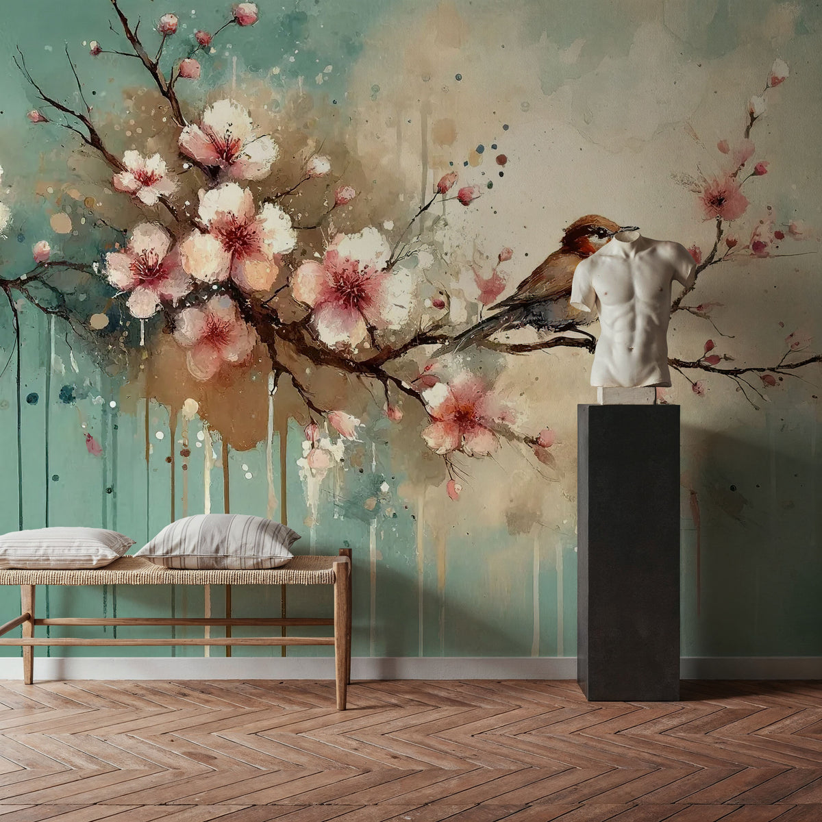 Cherry Blossoms Whispers on Teal Breeze Mural Wallpaper - room preview 02