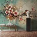 Cherry Blossoms Whispers on Teal Breeze Mural Wallpaper - room preview 02