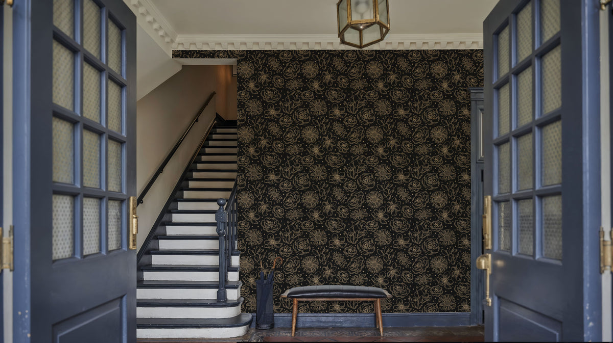 Sky Flowers Black Mural Wallpaper - room preview 02
