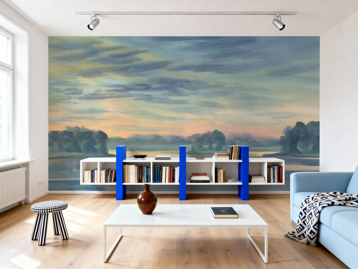 Watercolor Twilight Lake Mural Wallpaper - room preview 02