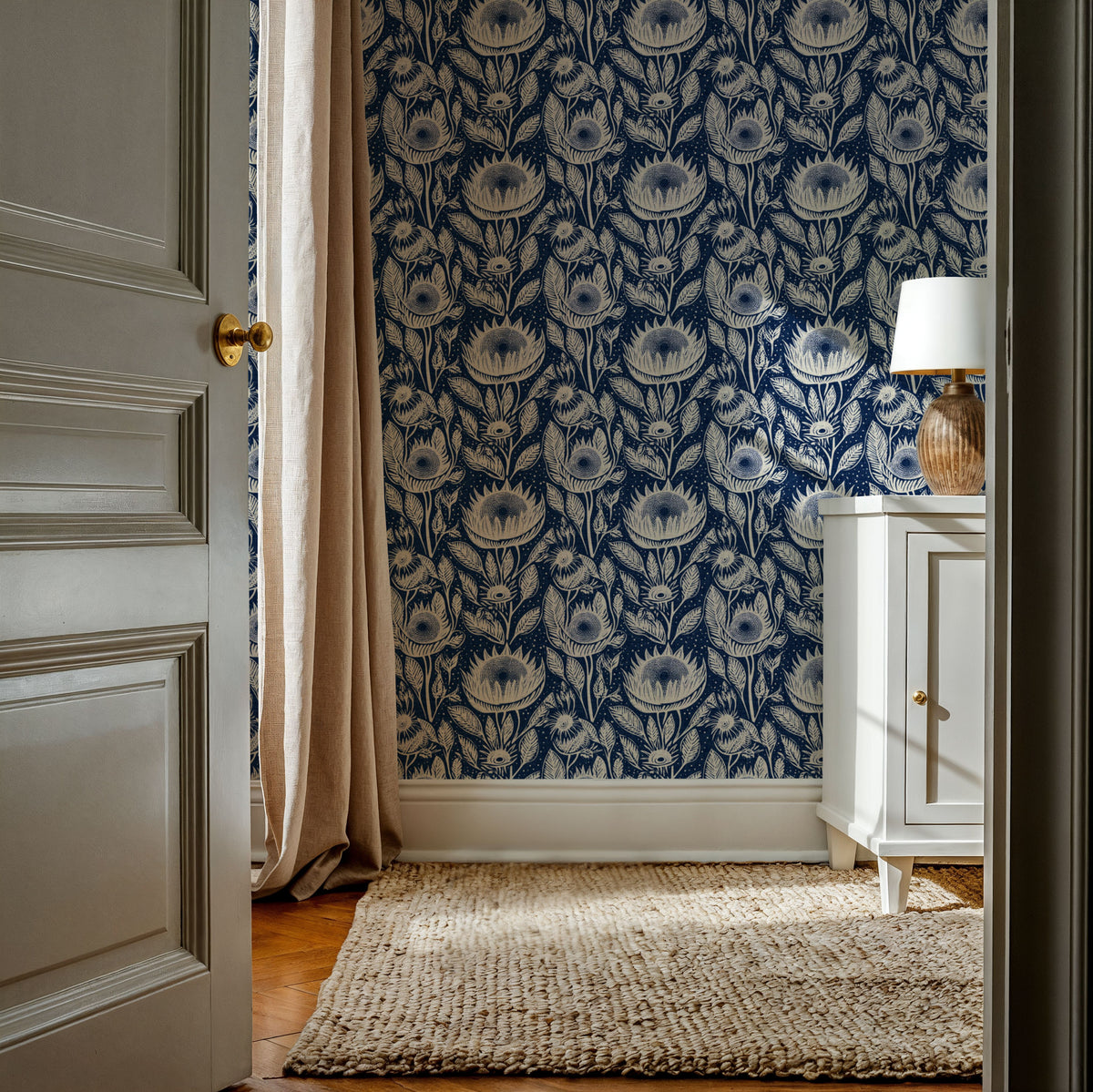 Sunflower Buds, Indigo Blue Mural Wallpaper - room preview 02