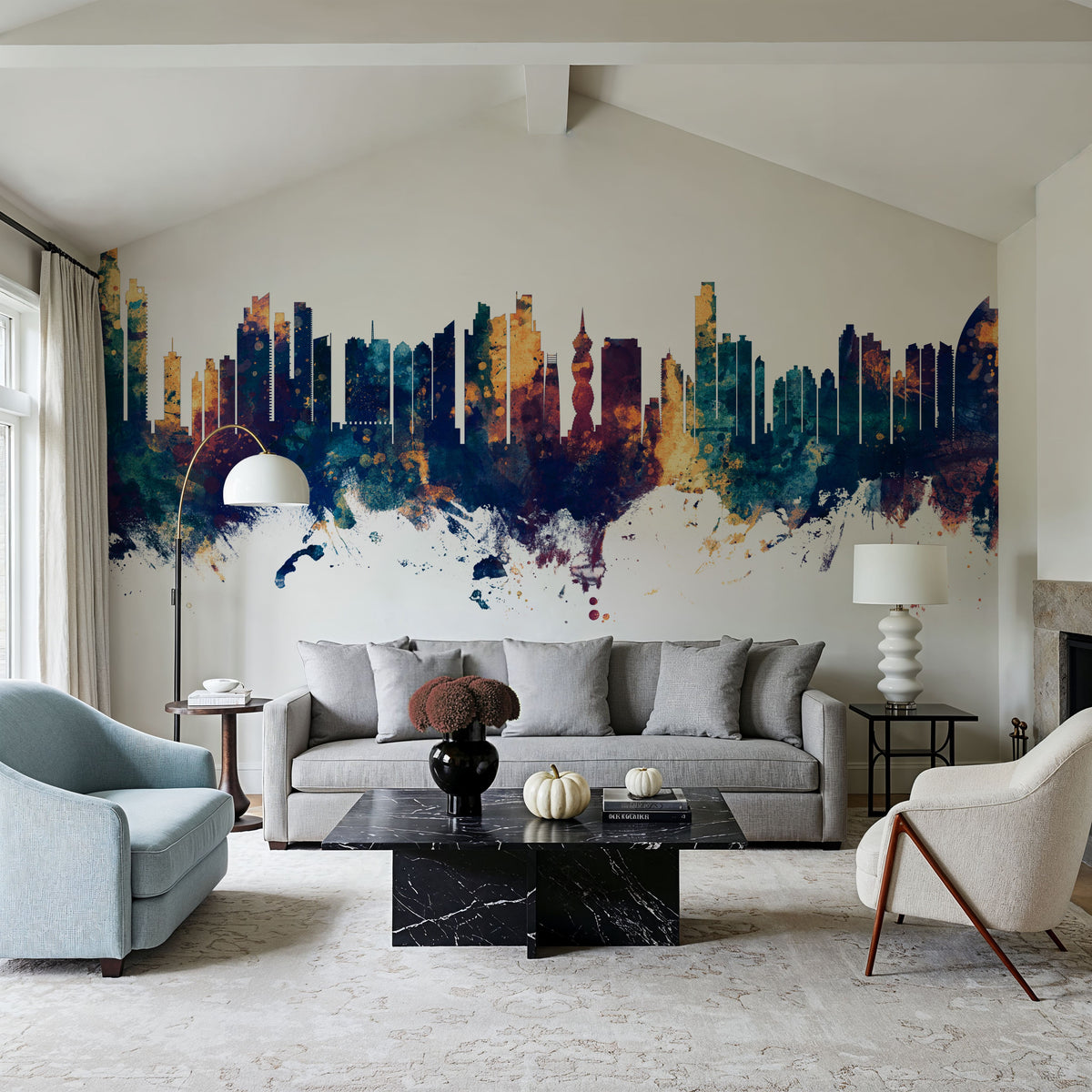 Panama City Skyline Blue & Bronze Mural Wallpaper - room preview 02