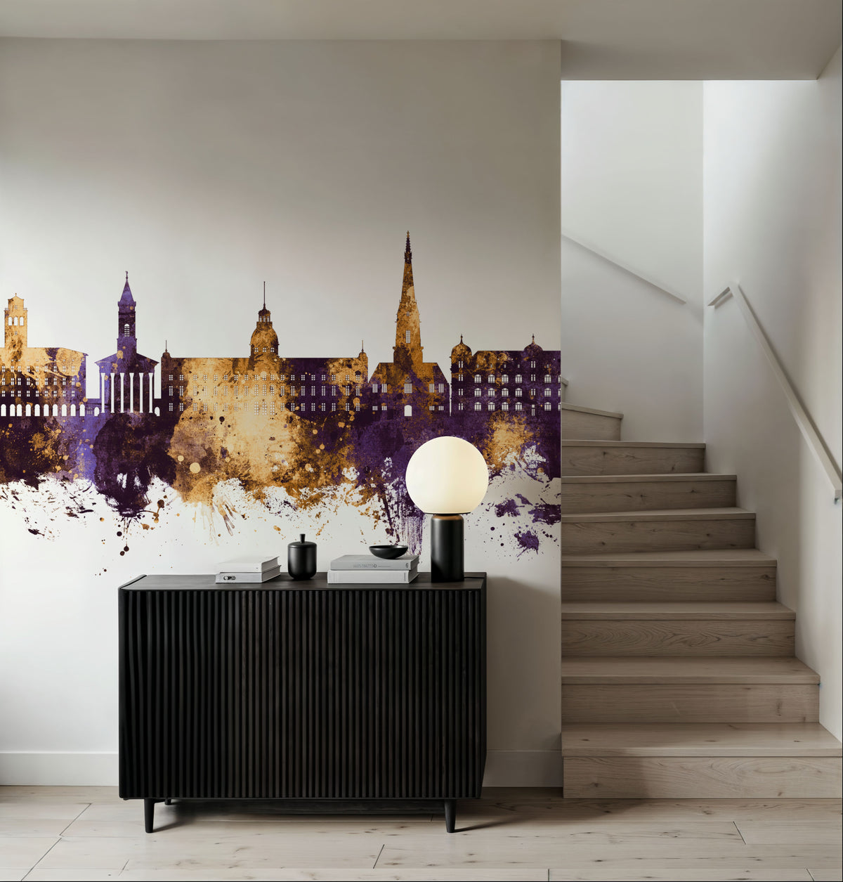 Karlsruhe Germany Skyline Purple & Gold Mural Wallpaper - room preview 02