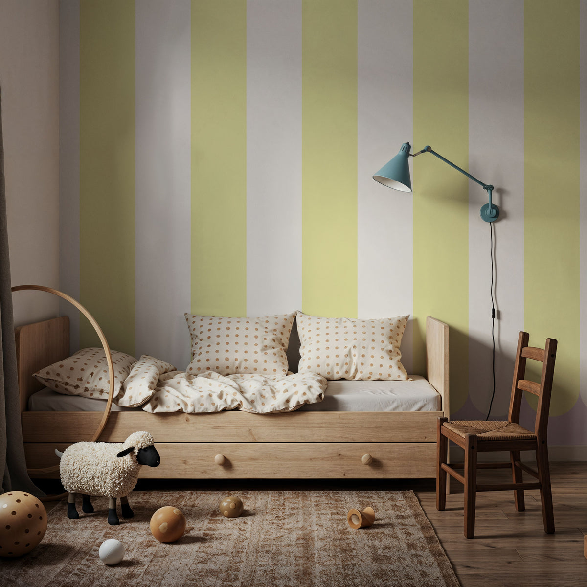 Scalloped Circus Stripes, Yellow Mural Wallpaper - room preview 02
