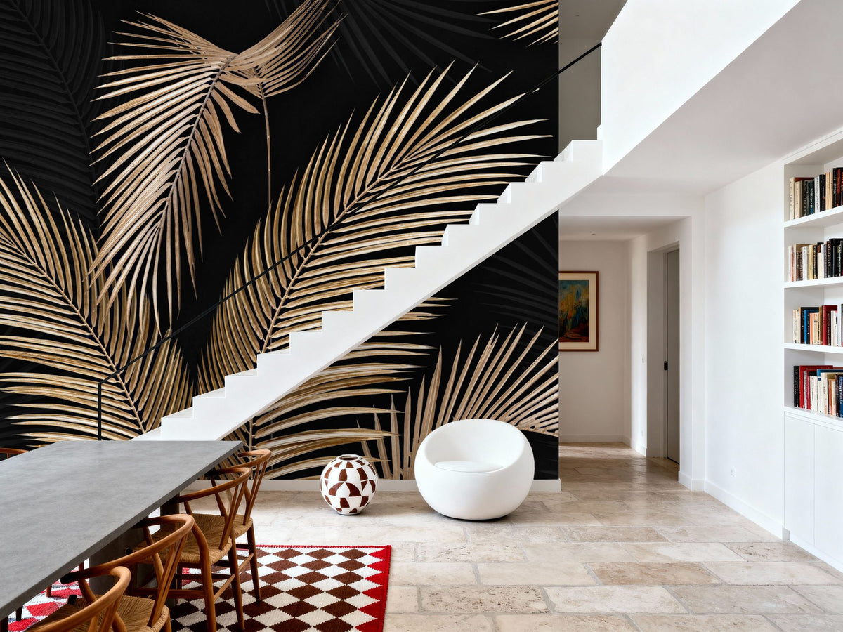 Bright Palms, Black Mural Wallpaper - room preview 02