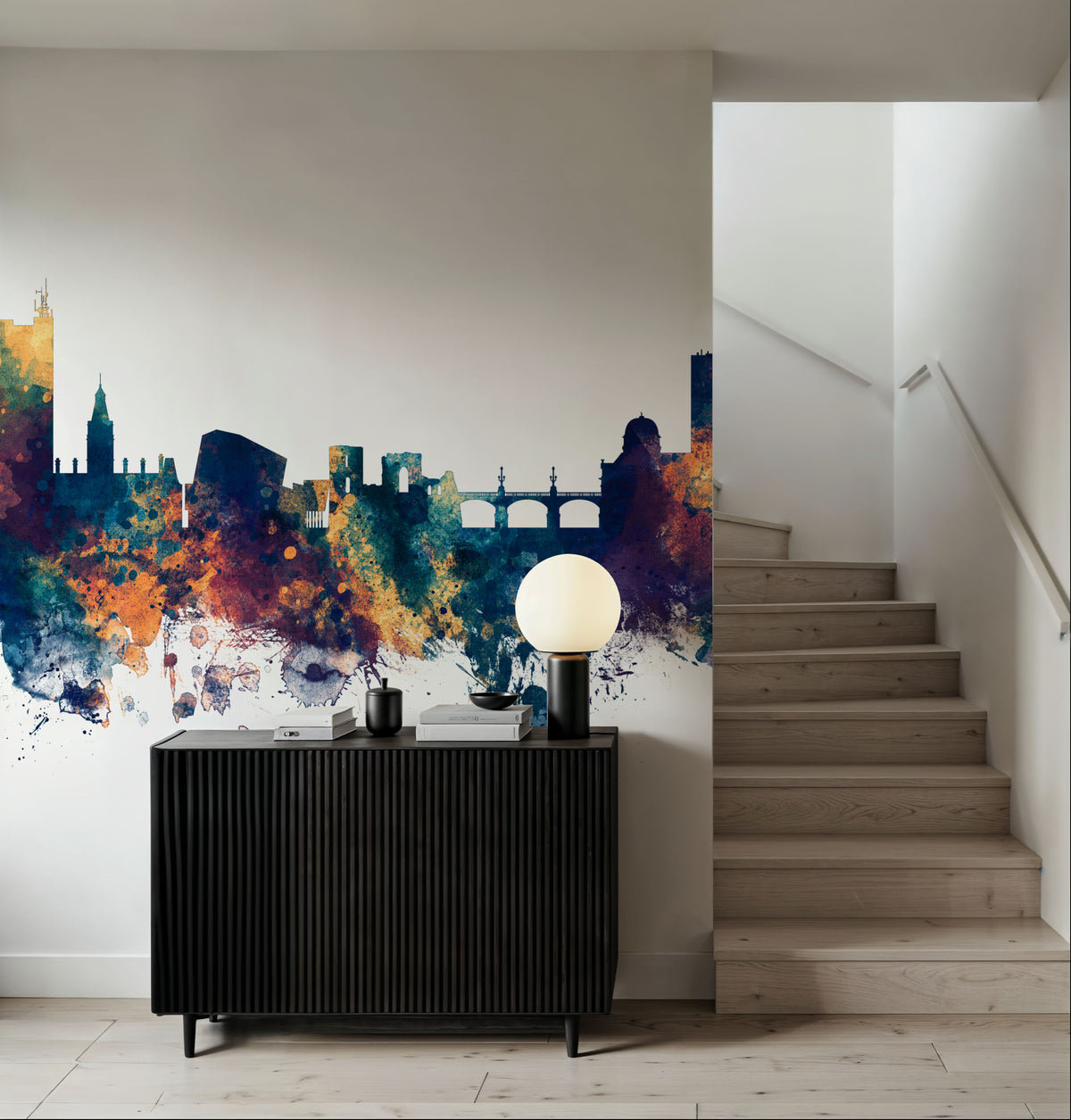 Newport Wales Skyline Blue & Bronze Mural Wallpaper - room preview 02
