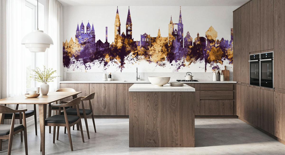 Halberstadt Germany Skyline Purple & Gold Mural Wallpaper - room preview 02
