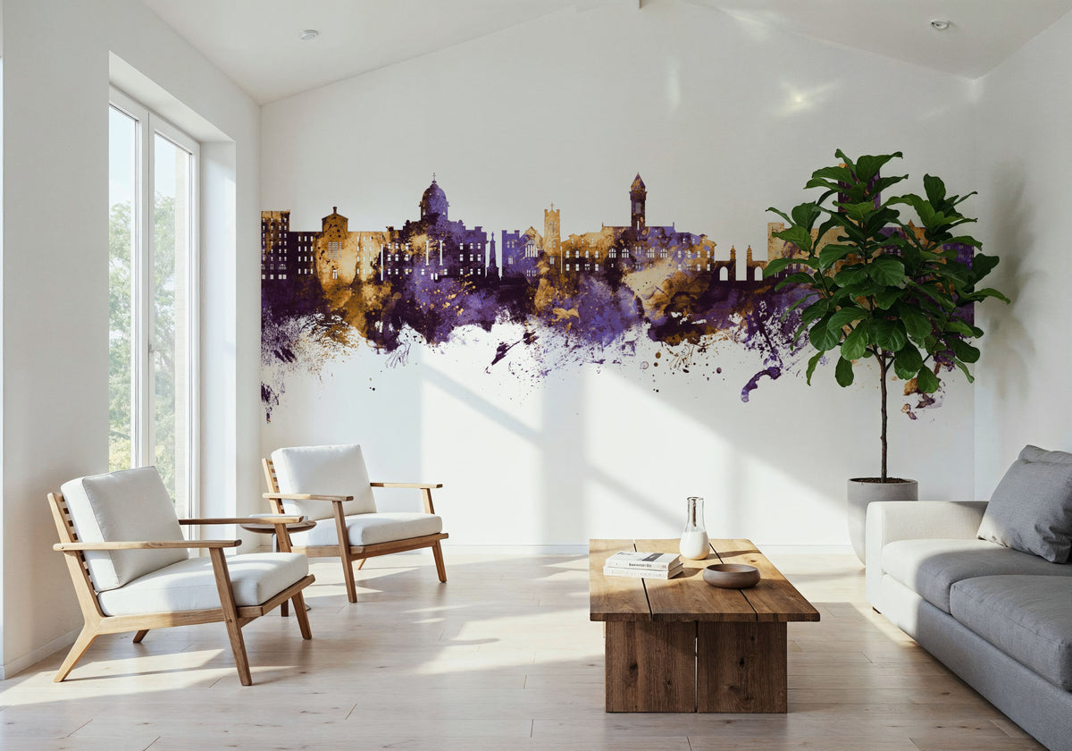 Bloomington Indiana Skyline Purple & Gold Mural Wallpaper - room preview 02