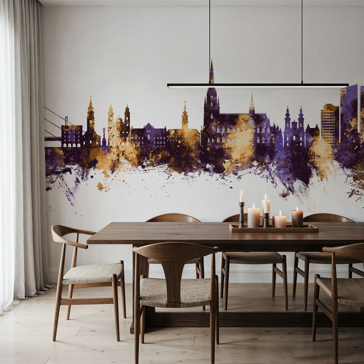 Linz Austria Skyline Purple & Gold Mural Wallpaper - room preview 02