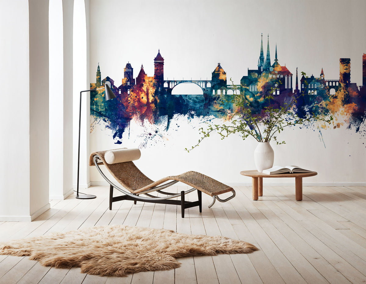 Luxembourg City Skyline Blue & Bronze Mural Wallpaper - room preview 02