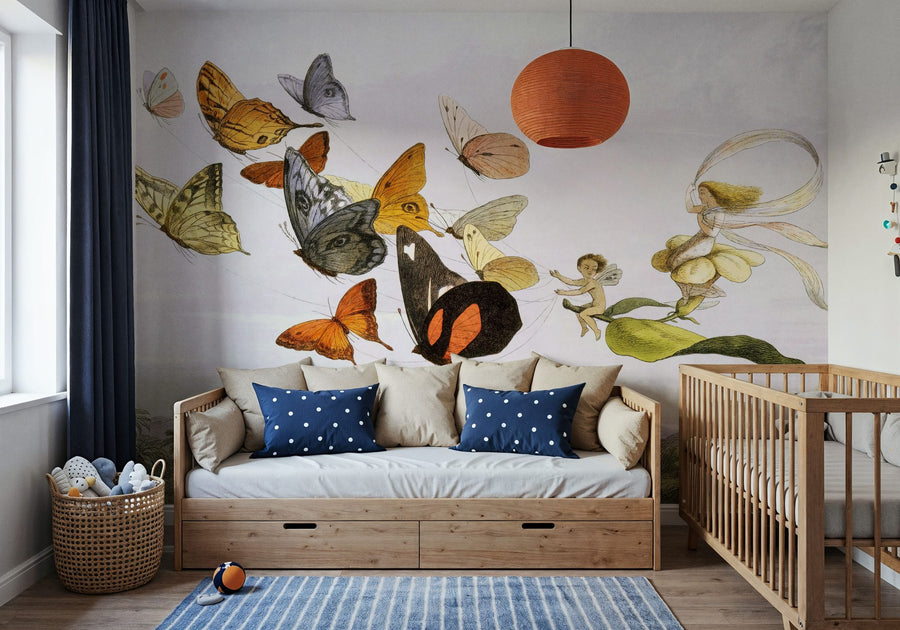Butterfly Wallpaper Mural – Flutter Wall Mural – The Fairy Queen Takes an Airy Drive in a Light Carriage