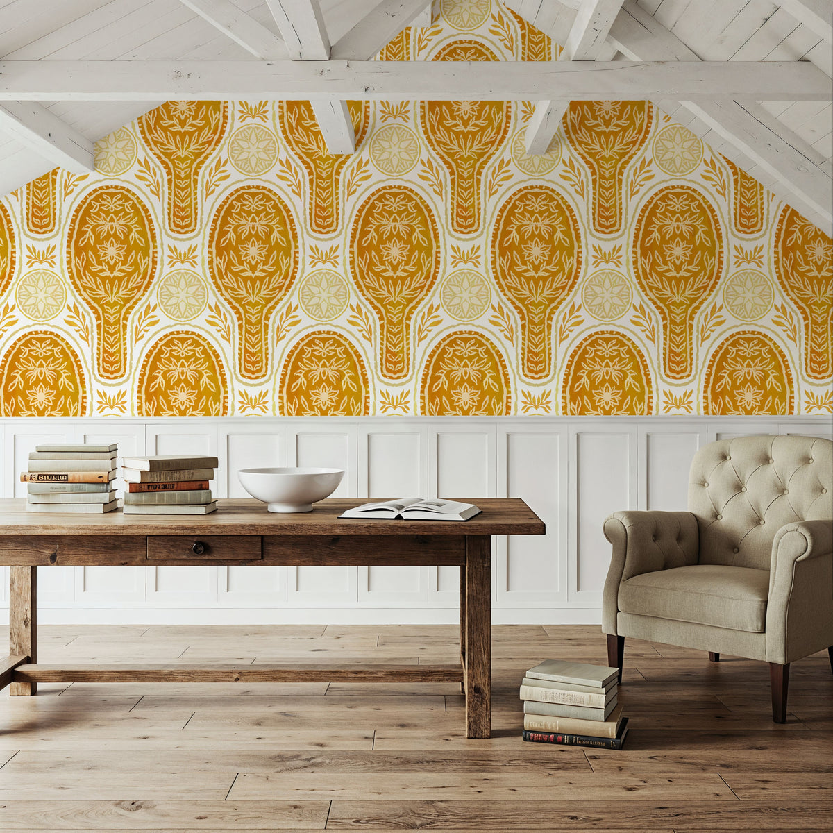 Floral Rackets, Yellow Mural Wallpaper - room preview 02