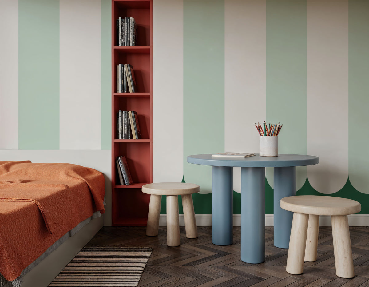 Scalloped Circus Stripes, Mint Green Mural Wallpaper - room preview 02