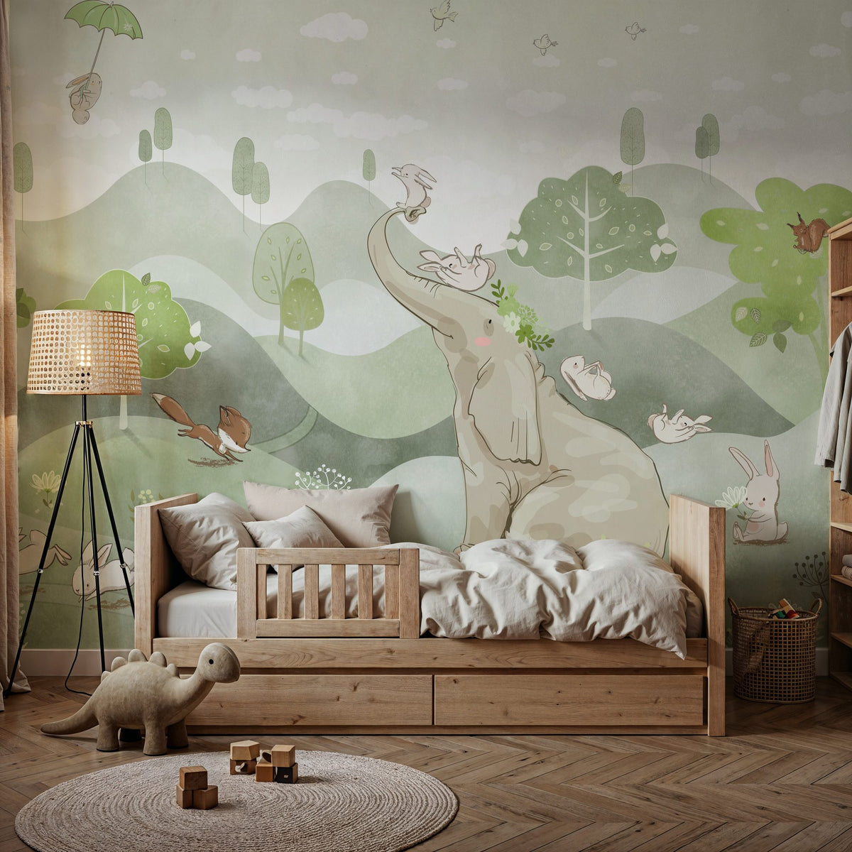Dwellpaper Bunny Friends, Green Mural Wallpaper image 2