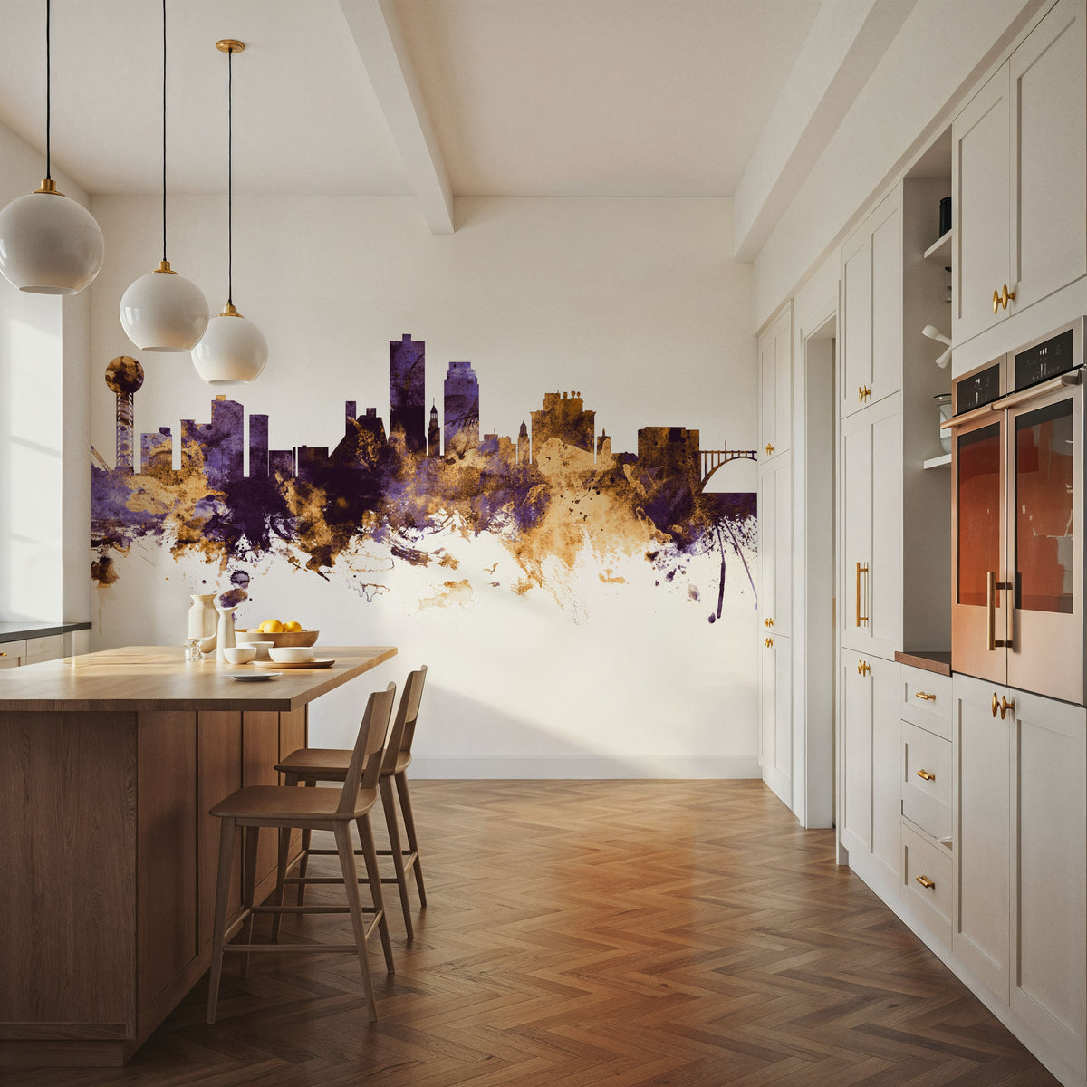 Knoxville Tennessee Skyline Purple & Gold Mural Wallpaper - room preview 02