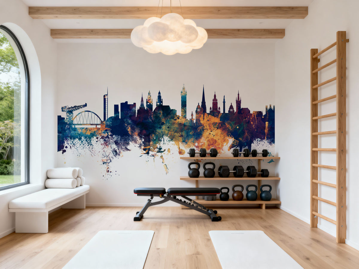 Glasgow Scotland Skyline Blue & Bronze Mural Wallpaper - room preview 02