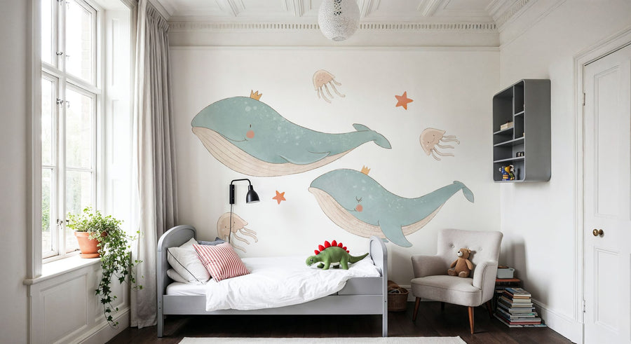 Whale Wallpaper Mural – Ocean Wall Mural – Cute Whales, Jellyfish & Stars Illustration