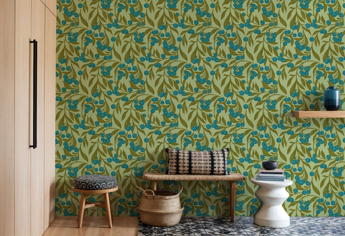 Autumn Berries, Blue Mural Wallpaper - room preview 02