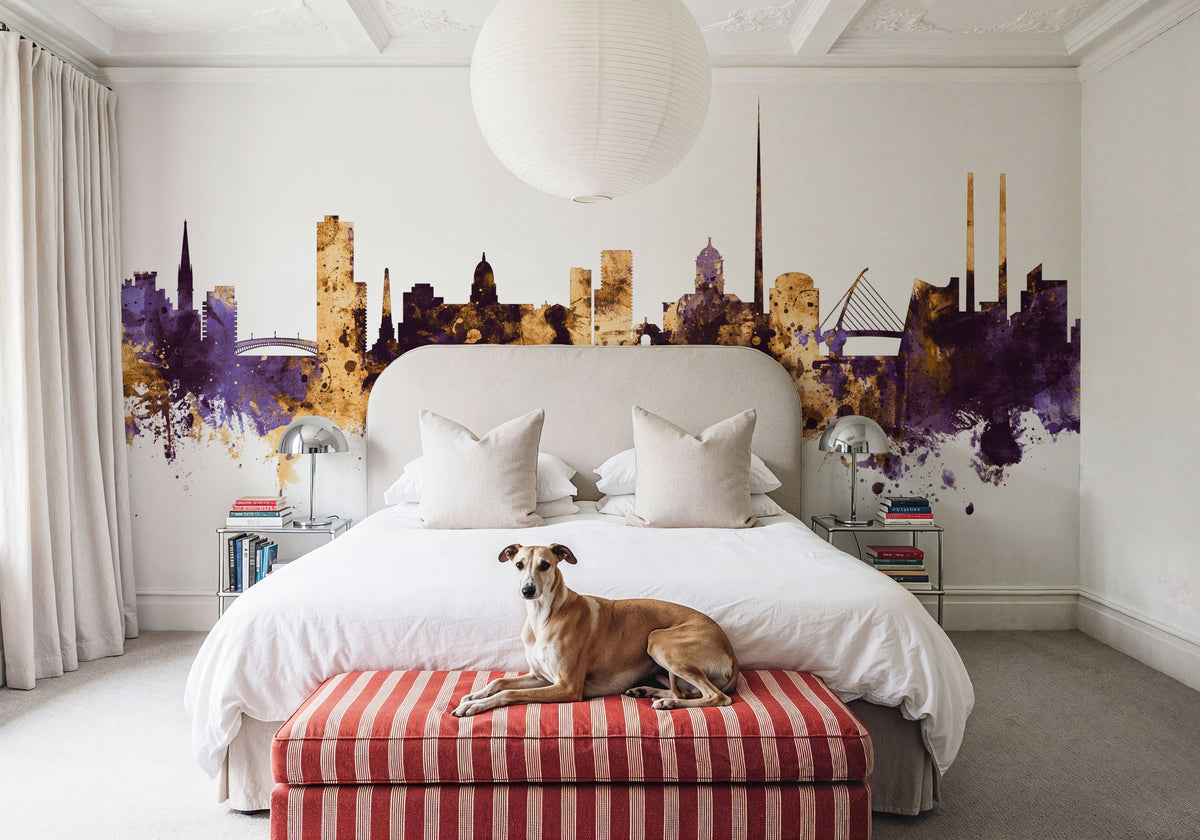 Dublin Ireland Skyline Purple & Gold Mural Wallpaper - room preview 02