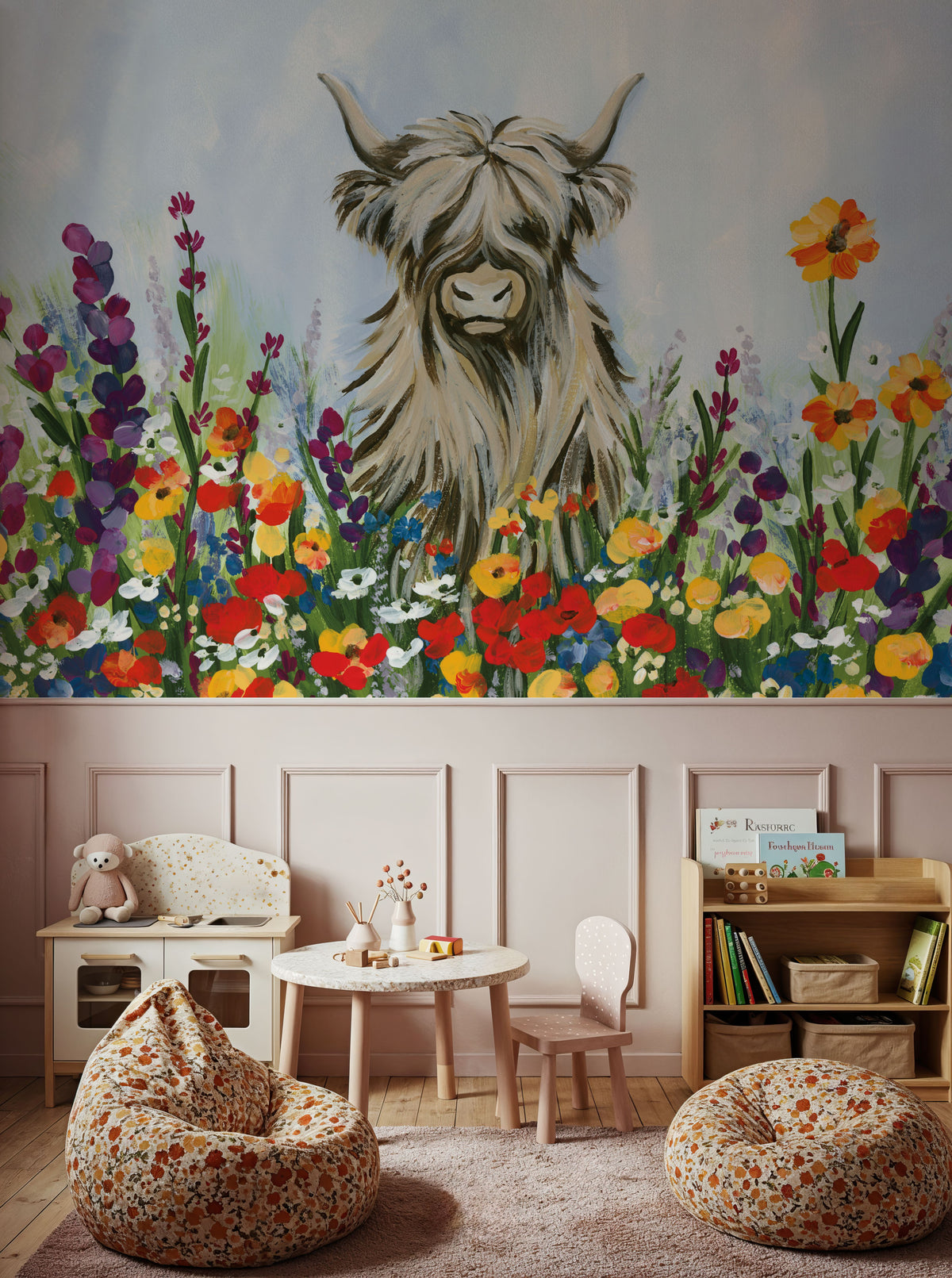 Longhorn in Spring Flowers Mural Wallpaper - room preview 02