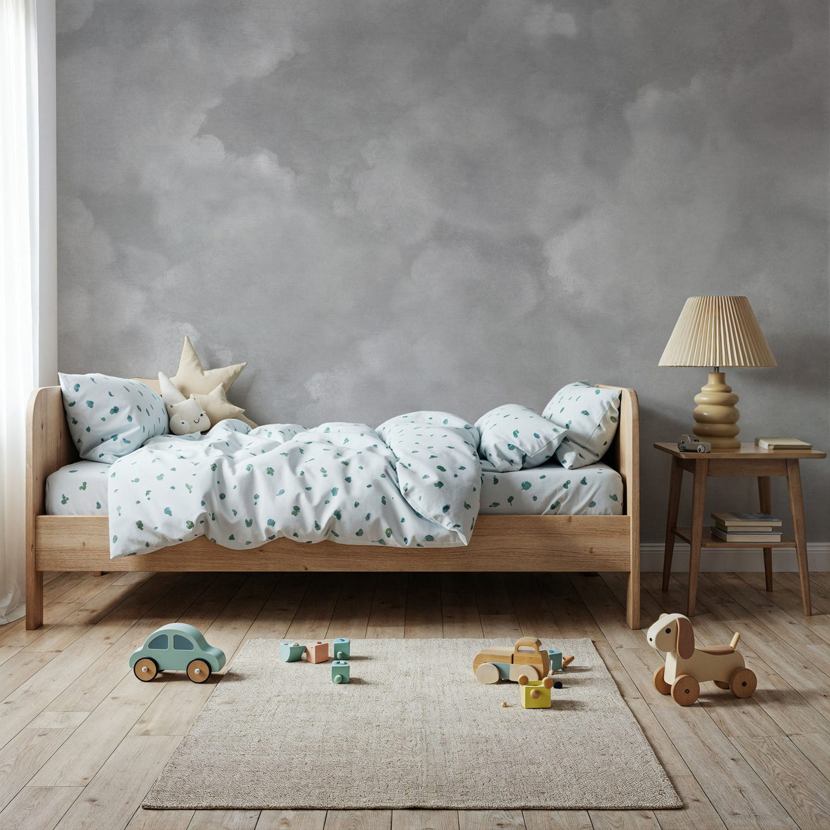 Painted Dreamy Clouds, Gray Mural Wallpaper - room preview 02