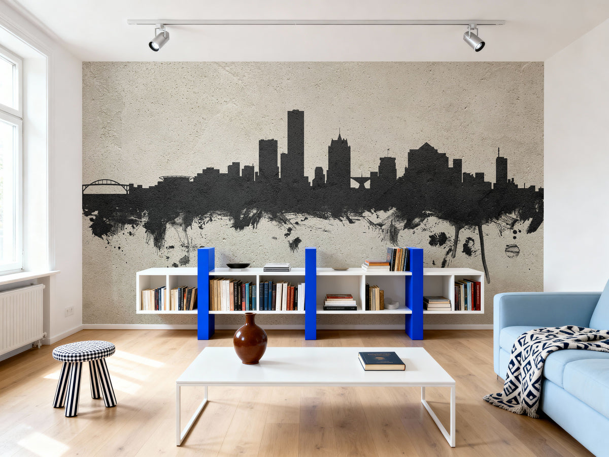 Milwaukee Wisconsin Skyline Concrete Mural Wallpaper - room preview 02