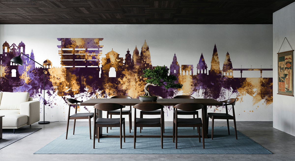 Pandharpur India Skyline Purple & Gold Mural Wallpaper - room preview 02