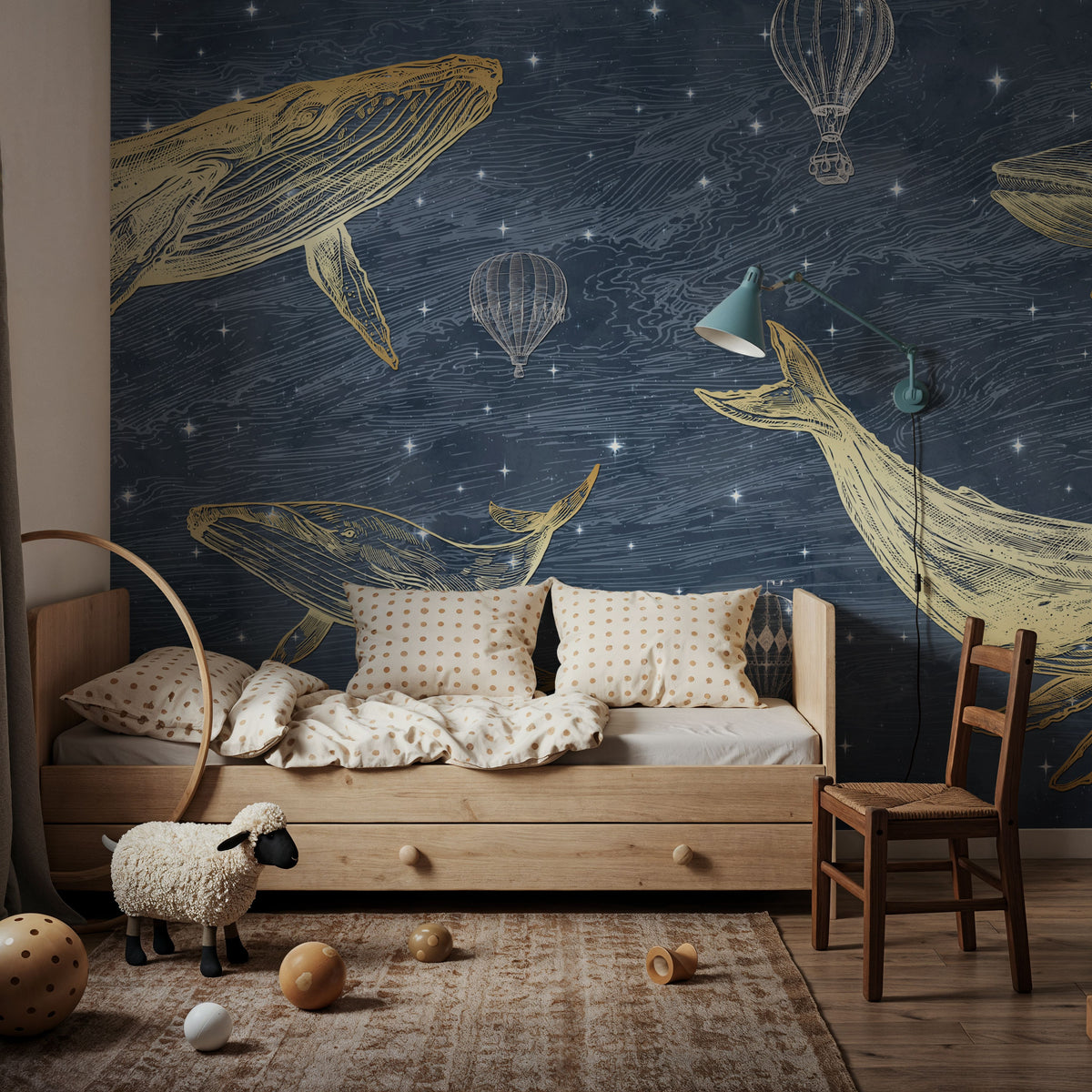 Whales in the Sky with Balloons, Washed Mural Wallpaper - room preview 02