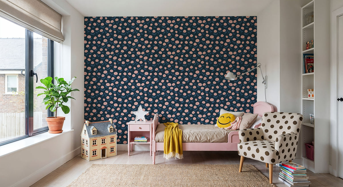 Pink Carnations in a Blue Field Mural Wallpaper - room preview 02