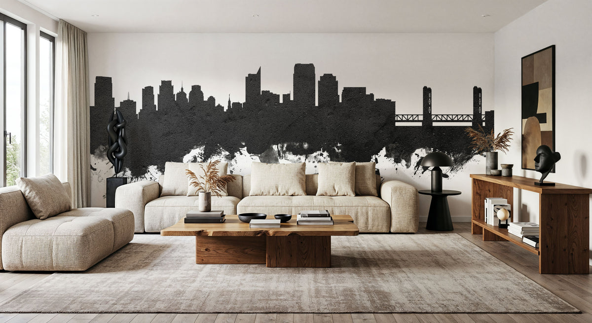 Sacramento California Skyline Black & White Mural Wallpaper - room preview 02