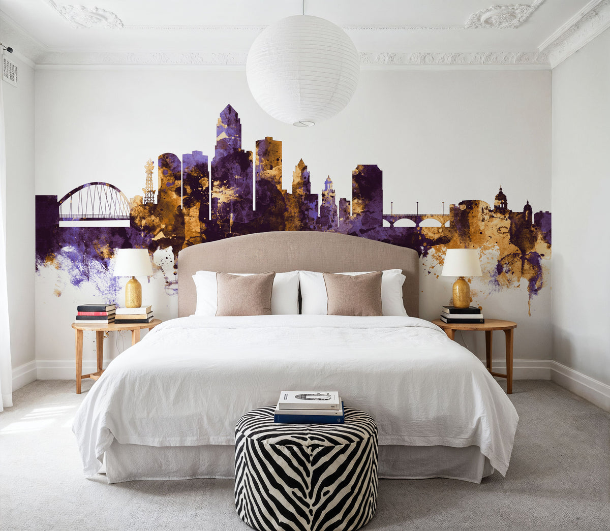 Des Moines Iowa Skyline Purple & Gold Mural Wallpaper - room preview 02