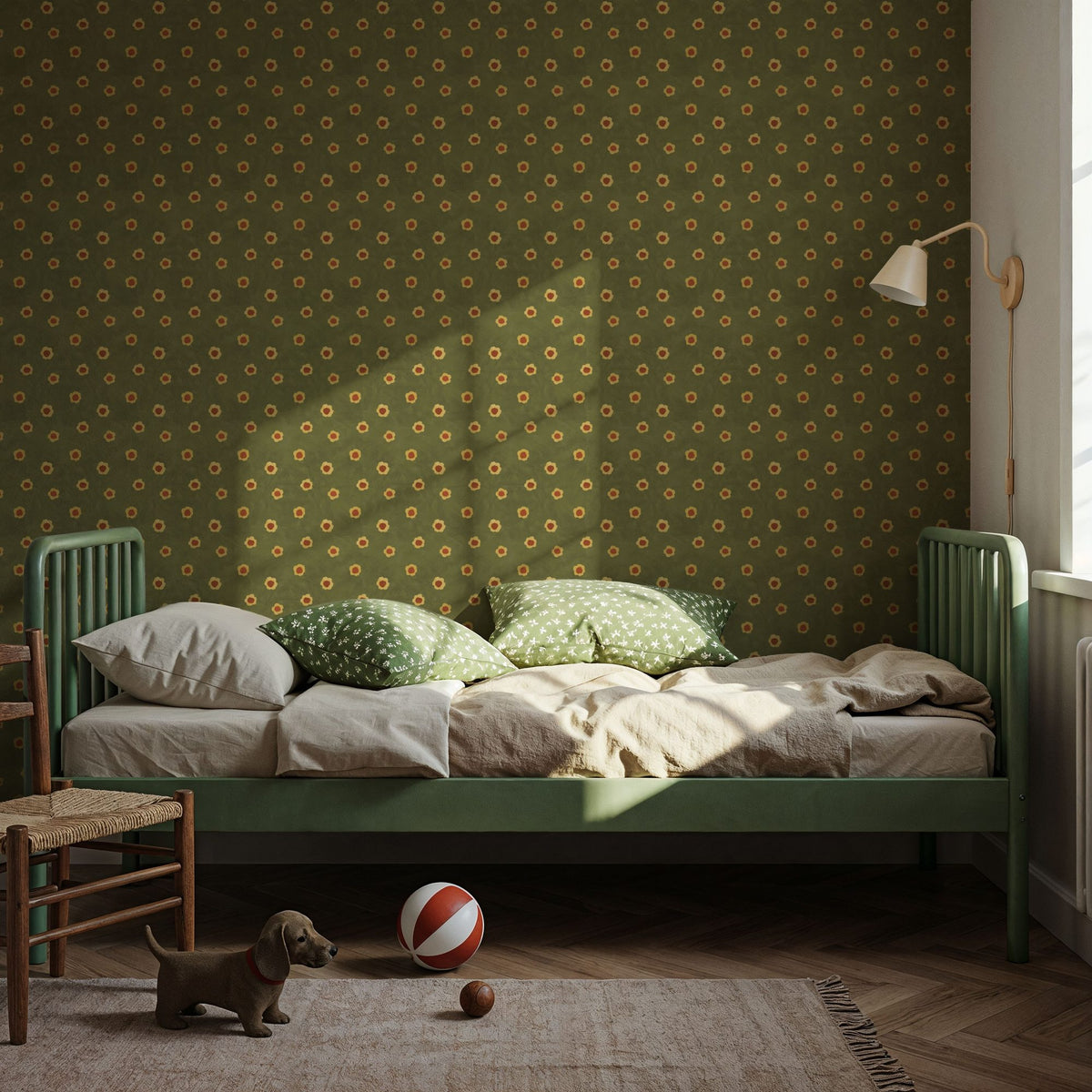 Autumn Buds Green Mural Wallpaper - room preview 02