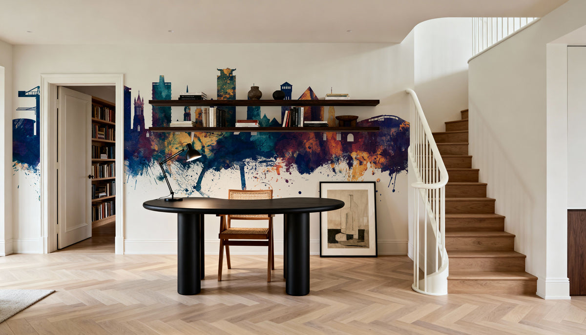 Plymouth England Skyline Blue & Bronze Mural Wallpaper - room preview 02