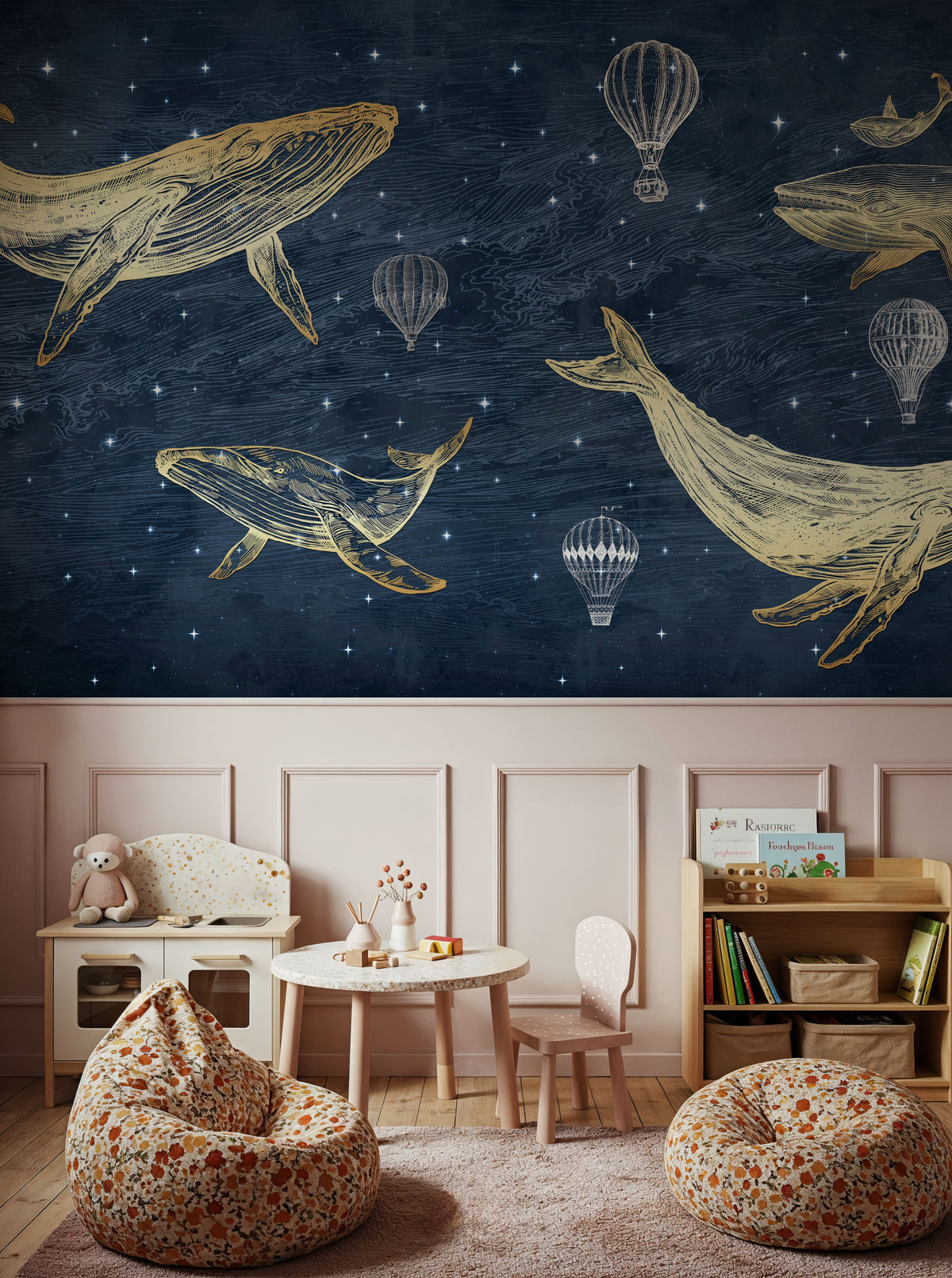 Whales in the Sky with Balloons, Midnight Mural Wallpaper - room preview 02