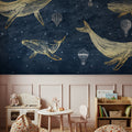 Whales in the Sky with Balloons, Midnight Mural Wallpaper - room preview 02