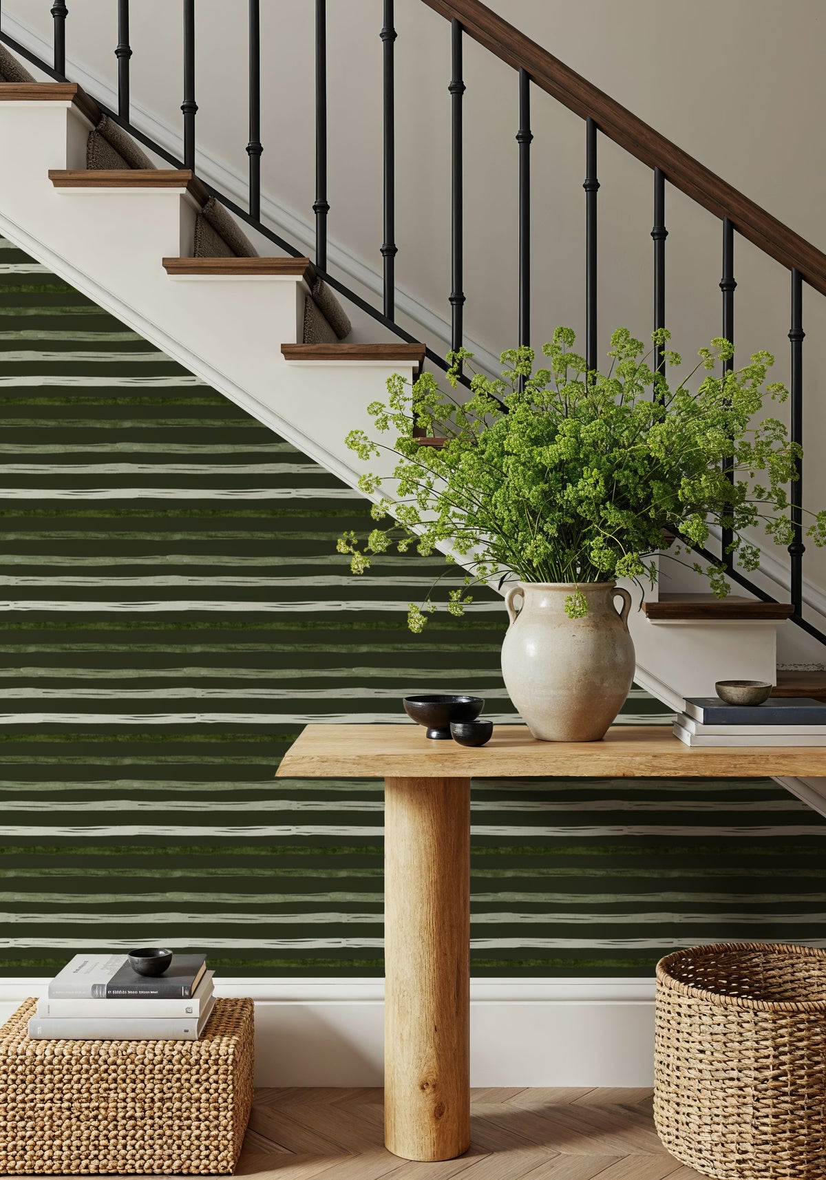 Green Stripes Dark Mural Wallpaper - room preview 02